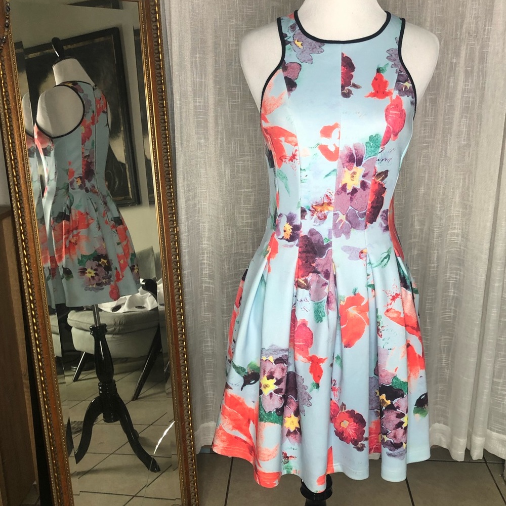 Beautiful Sky Blue and Floral Design Bodycon A-line Dress Size S by Nameless